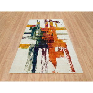 6'x9'1" Colorful, Modern Design Abstract Motifs with Painter's Brush Strokes, Hand Knotted, Wool and Sari Silk, Oriental Rug FWR394116