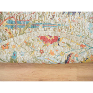 5'2"x5'2" Tan, Hand Knotted, Dense Weave, Sickle Leaf Design, Soft and Lush, Silk With Textured Wool, Round Oriental RugSh65695 FWR394170