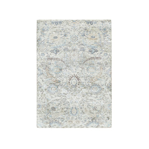 3'3"x5' Ivory, Sickle Leaf Design, Soft Pile, Dense Weave, Silk With Textured Wool, Hand Knotted, Oriental Rug FWR394176