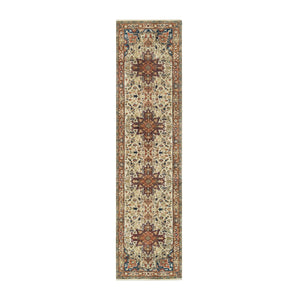 2'7"x10'3" Beige, Antiqued Heriz Re-Creation with Geometric Medallions, Extra Soft Wool, Hand Knotted, Runner Oriental Rug FWR394278