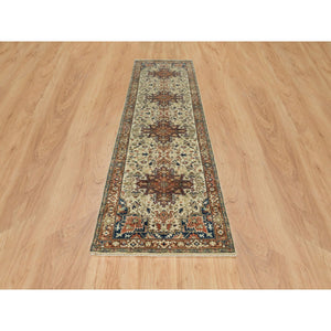 2'7"x10'3" Beige, Antiqued Heriz Re-Creation with Geometric Medallions, Extra Soft Wool, Hand Knotted, Runner Oriental Rug FWR394278