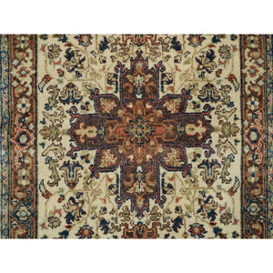 2'7"x10'3" Beige, Antiqued Heriz Re-Creation with Geometric Medallions, Extra Soft Wool, Hand Knotted, Runner Oriental Rug FWR394278