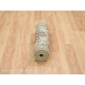 2'7"x10'3" Beige, Antiqued Heriz Re-Creation with Geometric Medallions, Extra Soft Wool, Hand Knotted, Runner Oriental Rug FWR394278