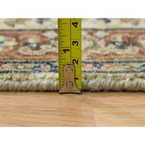 2'7"x10'3" Beige, Antiqued Heriz Re-Creation with Geometric Medallions, Extra Soft Wool, Hand Knotted, Runner Oriental Rug FWR394278