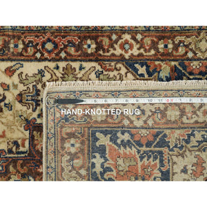 2'7"x10'3" Beige, Antiqued Heriz Re-Creation with Geometric Medallions, Extra Soft Wool, Hand Knotted, Runner Oriental Rug FWR394278