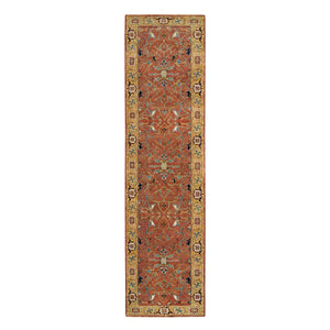 2'6"x10'3" Terracotta Red, Dense Weave, Antiqued Fine Heriz Re-Creation, Hand Knotted, Soft and Plush, 100% Wool, Oriental Rug FWR394308
