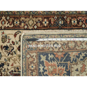 2'6"x8'3" Beige, Extra Soft Wool, Hand Knotted, Antiqued Heriz Re-Creation with Geometric Medallions, Runner Oriental Rug FWR394314