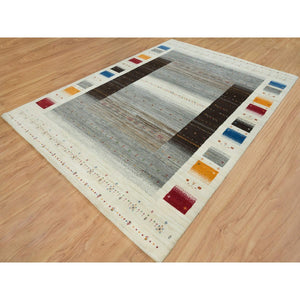 8'3"x11'4" Photon White, Lori Buft Gabbeh with Small Animal and Human Figurines, Modern Striae Design, Thick and Plush Soft Pile, Organic Wool, Hand Knotted, Oriental Rug FWR394542
