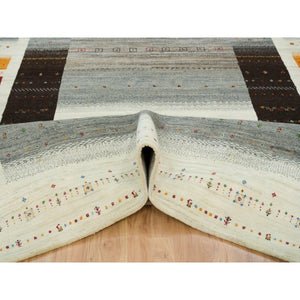 8'3"x11'4" Photon White, Lori Buft Gabbeh with Small Animal and Human Figurines, Modern Striae Design, Thick and Plush Soft Pile, Organic Wool, Hand Knotted, Oriental Rug FWR394542