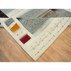 8'3"x11'4" Photon White, Lori Buft Gabbeh with Small Animal and Human Figurines, Modern Striae Design, Thick and Plush Soft Pile, Organic Wool, Hand Knotted, Oriental Rug FWR394542