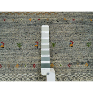 8'3"x11'4" Photon White, Lori Buft Gabbeh with Small Animal and Human Figurines, Modern Striae Design, Thick and Plush Soft Pile, Organic Wool, Hand Knotted, Oriental Rug FWR394542