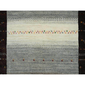 8'3"x11'4" Photon White, Lori Buft Gabbeh with Small Animal and Human Figurines, Modern Striae Design, Thick and Plush Soft Pile, Organic Wool, Hand Knotted, Oriental Rug FWR394542
