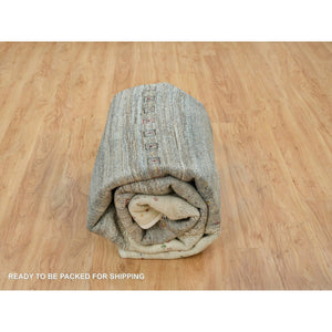 8'3"x11'4" Photon White, Lori Buft Gabbeh with Small Animal and Human Figurines, Modern Striae Design, Thick and Plush Soft Pile, Organic Wool, Hand Knotted, Oriental Rug FWR394542