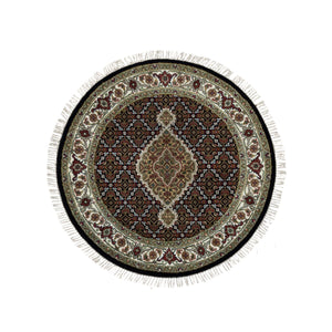 3'3"x3'3" Obsidian Black, Tabriz Mahi with Fish Medallion Design, 175 KPSI, Hand Knotted, Pure Wool, Unique Round Oriental Rug FWR394698