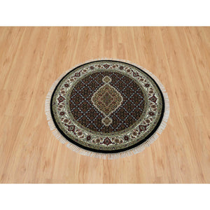 3'3"x3'3" Obsidian Black, Tabriz Mahi with Fish Medallion Design, 175 KPSI, Hand Knotted, Pure Wool, Unique Round Oriental Rug FWR394698