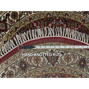 3'3"x3'3" Mahogany Red, Tabriz Mahi with Fish Medallion Design, Hand Knotted, 175 KPSI, Pure Wool, Round Oriental Rug FWR394716