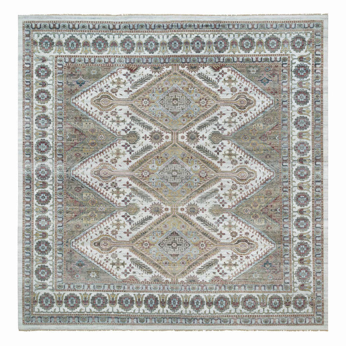 14'x14' Smoky White, Shiraz Reimagined, Thick and Plush, Unique Flower Rosettes Border Design, Hand Knotted, Vegetable Dyes, Pure Wool, Square Sustainable Oriental Rug FWR394914