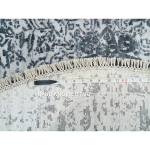 6'x6' Ice Ice Gray, Wool and Silk, Broken and Erased Persian Design, Hand Knotted, Round Oriental Rug FWR394974