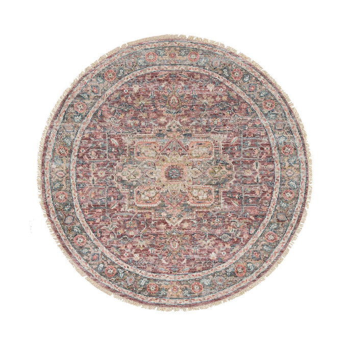 6'x6' Sangria Red, Natural Dyes, Hand Knotted, Pure Wool, Heriz Revival, Plush and Lush Pile, Round Oriental Rug FWR395160