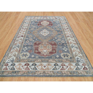 9'1"x12'2" Oxford Gray, Heriz Revival with Today's Colors, Geometric Anchored Medallions with Serrated Leaf Design, Hand Knotted, Pure Wool, Thick and Plush, Oriental Rug FWR395178