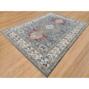 9'1"x12'2" Oxford Gray, Heriz Revival with Today's Colors, Geometric Anchored Medallions with Serrated Leaf Design, Hand Knotted, Pure Wool, Thick and Plush, Oriental Rug FWR395178