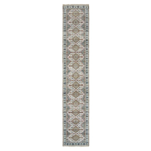 2'6"x14'1" Swan White, Hand Knotted, All Wool, Shiraz Reimagined Unique Flower Rosettes Border Design, Soft and vibrant Pile, XL Runner, Vegetable Dye, Sustainable, Oriental Rug FWR395190