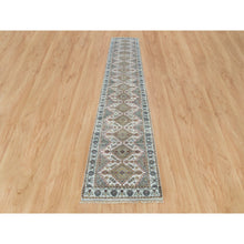 Load image into Gallery viewer, 2&#39;6&quot;x14&#39;1&quot; Swan White, Hand Knotted, All Wool, Shiraz Reimagined Unique Flower Rosettes Border Design, Soft and vibrant Pile, XL Runner, Vegetable Dye, Sustainable, Oriental Rug FWR395190