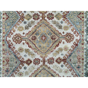 2'6"x14'1" Swan White, Hand Knotted, All Wool, Shiraz Reimagined Unique Flower Rosettes Border Design, Soft and vibrant Pile, XL Runner, Vegetable Dye, Sustainable, Oriental Rug FWR395190