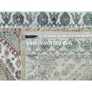 2'6"x14'1" Swan White, Hand Knotted, All Wool, Shiraz Reimagined Unique Flower Rosettes Border Design, Soft and vibrant Pile, XL Runner, Vegetable Dye, Sustainable, Oriental Rug FWR395190