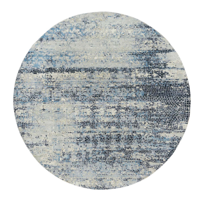 7'x7' Blue Gray, Hand Knotted, Wool and Silk, Modern Abstract with Mosaic Design, Natural Dyes, Round Oriental Rug FWR395274