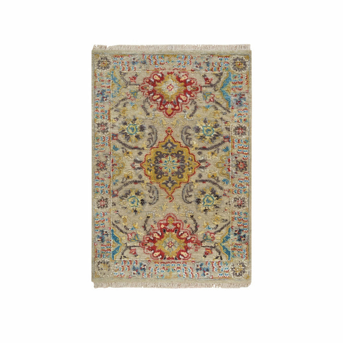 2'x3' Khaki, Hand Knotted, The Sunset Rosettes with Soft Colors, Wool and Pure Silk, Mat Oriental Rug FWR395310