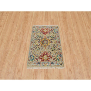 2'x3' Khaki, Hand Knotted, The Sunset Rosettes with Soft Colors, Wool and Pure Silk, Mat Oriental Rug FWR395310