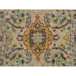 2'x3' Khaki, Hand Knotted, The Sunset Rosettes with Soft Colors, Wool and Pure Silk, Mat Oriental Rug FWR395310