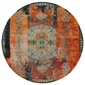12'1"x12'1" Metallic Orange, Ancient Ottoman Erased Design, Ghazni Wool, Hand Knotted, Round Oriental Rug FWR395400