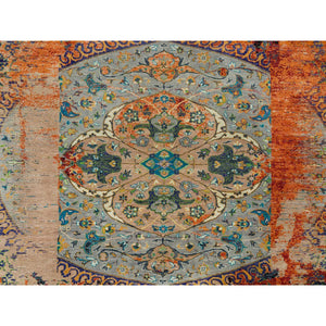 12'1"x12'1" Metallic Orange, Ancient Ottoman Erased Design, Ghazni Wool, Hand Knotted, Round Oriental Rug FWR395400