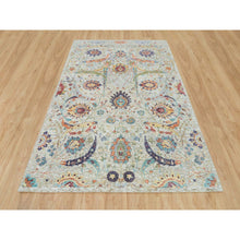 Load image into Gallery viewer, 6&#39;3&quot;x9&#39;3&quot; Tan Color, Silk with Textured Wool, Hand Knotted, Sickle Leaf Design, Oriental Rug FWR395448