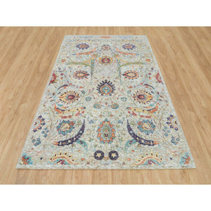 6'3"x9'3" Tan Color, Silk with Textured Wool, Hand Knotted, Sickle Leaf Design, Oriental Rug FWR395448