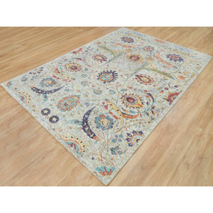 6'3"x9'3" Tan Color, Silk with Textured Wool, Hand Knotted, Sickle Leaf Design, Oriental Rug FWR395448