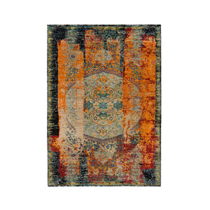 4'1"x6' Metallic Orange, Ancient Ottoman Erased Design, Ghazni Wool, Hand Knotted, Oriental Rug FWR395484