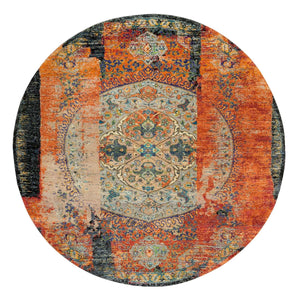 8'1"x8'1" Metallic Orange, Ghazni Wool, Hand Knotted, Ancient Ottoman Erased Design, Round Oriental Rug FWR395514