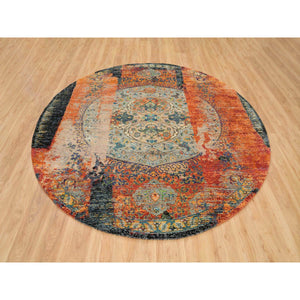 8'1"x8'1" Metallic Orange, Ghazni Wool, Hand Knotted, Ancient Ottoman Erased Design, Round Oriental Rug FWR395514