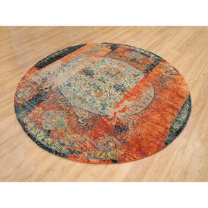 8'1"x8'1" Metallic Orange, Ghazni Wool, Hand Knotted, Ancient Ottoman Erased Design, Round Oriental Rug FWR395514