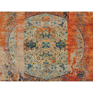 8'1"x8'1" Metallic Orange, Ghazni Wool, Hand Knotted, Ancient Ottoman Erased Design, Round Oriental Rug FWR395514