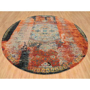 14'x14' Metallic Orange, Hand Knotted, Ancient Ottoman Erased Design, Ghazni Wool, Round Oriental Rug FWR395550