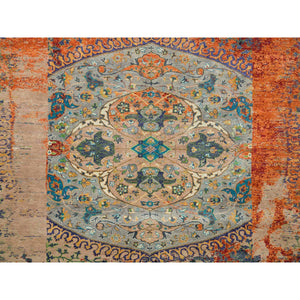 14'x14' Metallic Orange, Hand Knotted, Ancient Ottoman Erased Design, Ghazni Wool, Round Oriental Rug FWR395550
