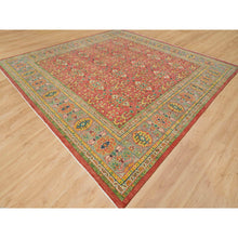 Load image into Gallery viewer, 14&#39;x14&#39; Fire Brick Red, Hand Knotted, Antiqued Oushak Reimagined Repetitive Star and Rosette Design, Sheared Low, Soft Wool, Square Oriental Rug FWR395568