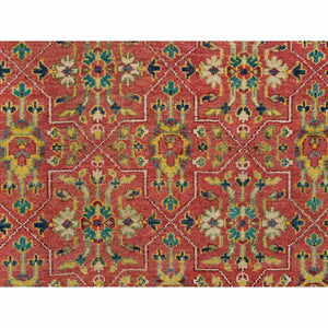 14'x14' Fire Brick Red, Hand Knotted, Antiqued Oushak Reimagined Repetitive Star and Rosette Design, Sheared Low, Soft Wool, Square Oriental Rug FWR395568