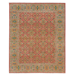 8'x10' Fire Brick Red, Antiqued Oushak Reimagined Repetitive Star and Rosette Design, Sheared Low, Pure Wool, Hand Knotted, Oriental Rug FWR395586