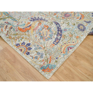 8'2"x10'2" Tan Color, Silk with Textured Wool, Hand Knotted, Sickle Leaf Design, Oriental Rug FWR395592