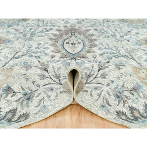 12'4"x12'4" Ivory, Silk with Textured Wool, Hand Knotted, Sickle Leaf Design, Soft Pile, Square Oriental Rug FWR395610